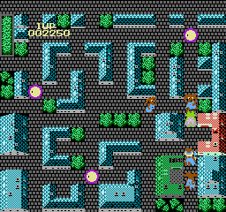 Onyanko Town (NES) screenshot: Surrounded