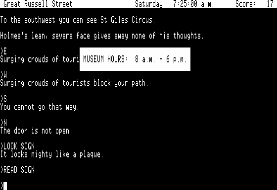 Sherlock: The Riddle of the Crown Jewels (Apple II) screenshot: Reading a sign.