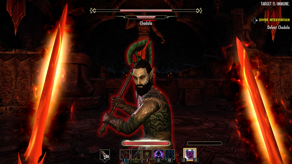 The Elder Scrolls Online: Morrowind (Xbox One) screenshot: I'm fighting Chodala the false Nerevarine incarnate.