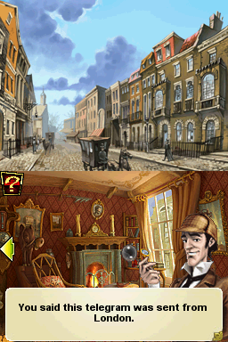 Sherlock Holmes and the Mystery of Osborne House (Nintendo DS) screenshot: ... and the funny-looking Sherlock Holmes