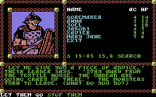 Pool of Radiance (Commodore 64) screenshot: A piece of advice from an orc patrol leader.