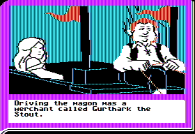 ZorkQuest: Assault on Egreth Castle (Apple II) screenshot: Gurthark drives the wagon.