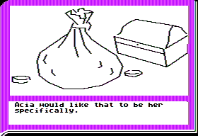 ZorkQuest: Assault on Egreth Castle (Apple II) screenshot: Acia is a gold digger apparently!