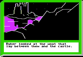 ZorkQuest: Assault on Egreth Castle (Apple II) screenshot: It's just a little old moat... No problem to cross, I'll bet, except for the odd angry gator or two!