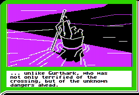 ZorkQuest: Assault on Egreth Castle (Apple II) screenshot: Crossing the moat.