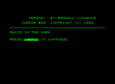 Defend! (Commodore PET/CBM) screenshot: Introduction Screen