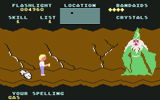 Cave of the Word Wizard (Commodore 64) screenshot: This time the word was 'gas'. I spelled it right.