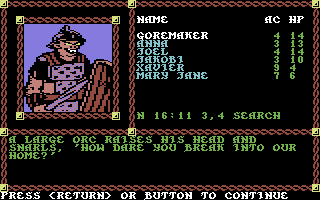 Pool of Radiance (Commodore 64) screenshot: Some orcs receive an "Eviction Notice".