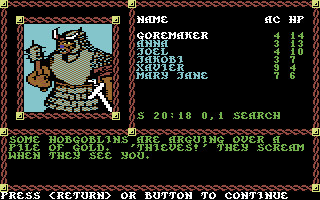 Pool of Radiance (Commodore 64) screenshot: Some hobgoblins are due to be relieved of their gold.