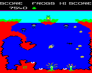 Savage Pond (BBC Micro) screenshot: I got my first frog, but the tadpole needs to rush for safety because of a dragonfly nymph