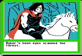 ZorkQuest: Assault on Egreth Castle (Apple II) screenshot: His eyes scanned the forest - looking for boogeymen, or even worse - inlaws!