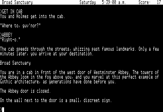 Sherlock: The Riddle of the Crown Jewels (Apple II) screenshot: Taking a cab to Westminster Abbey.