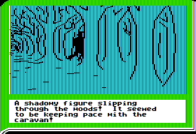 ZorkQuest: Assault on Egreth Castle (Apple II) screenshot: A dark shadowy figure! Maybe it's an IRS agent! GASP!