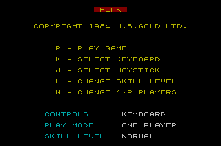 Flak: The Ultimate Flight Experience (ZX Spectrum) screenshot: Main menu