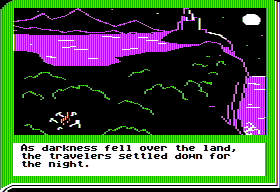 ZorkQuest: Assault on Egreth Castle (Apple II) screenshot: Camping out near the haunted castle... What could go wrong?