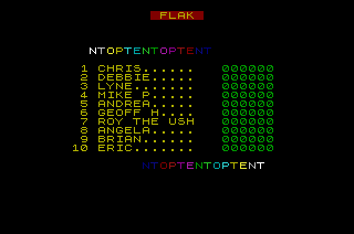 Flak: The Ultimate Flight Experience (ZX Spectrum) screenshot: The top 10 screen