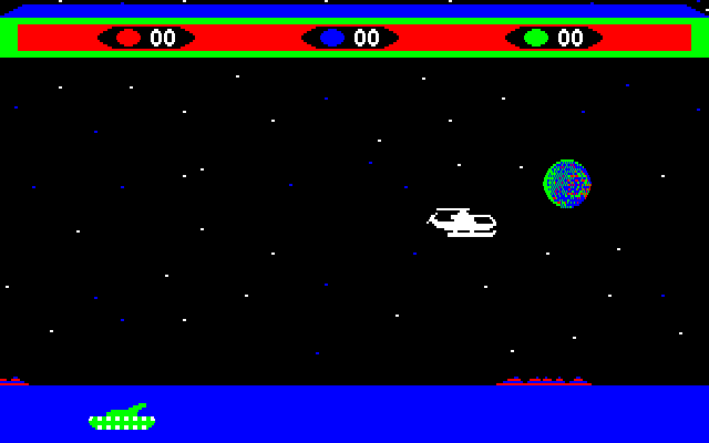 Choplifter! (PC-88) screenshot: Flying away from an enemy tank