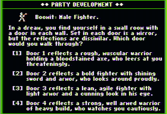 The Dark Heart of Uukrul (Apple II) screenshot: A sample question for your character. What would he/she do?