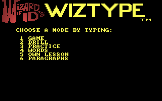 Wizard of Id's WizType (DOS) screenshot: The main menu (CGA with RGB monitor)