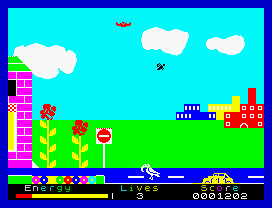 Percy the Potty Pigeon (ZX Spectrum) screenshot: Beware of the traffic.