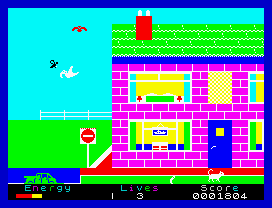 Percy the Potty Pigeon (ZX Spectrum) screenshot: If you can't find a place to rest, you may eat a bug. It will restore your energy.