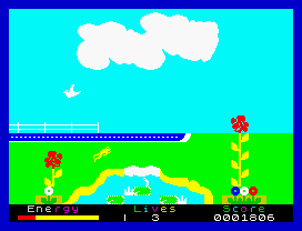 Percy the Potty Pigeon (ZX Spectrum) screenshot: This frog is dangerous, be careful when picking that worm, or lay an egg.