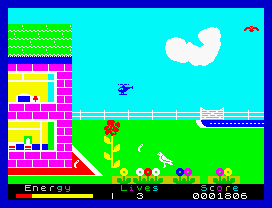 Percy the Potty Pigeon (ZX Spectrum) screenshot: The game has two directions for the same path. Either you choose to go left from the pigeon's nest or right, depending on the distance.