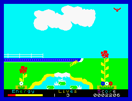 Percy the Potty Pigeon (ZX Spectrum) screenshot: Failed attempt to catch the worm. Caught by the frog.