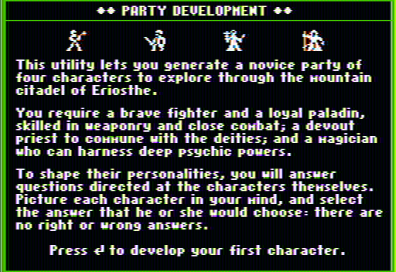 The Dark Heart of Uukrul (Apple II) screenshot: Creating a new party
