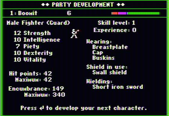 The Dark Heart of Uukrul (Apple II) screenshot: Character stats