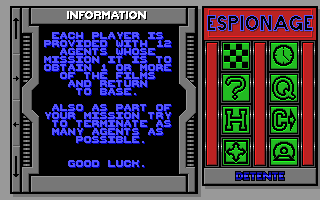 Espionage (Amiga) screenshot: Game information.