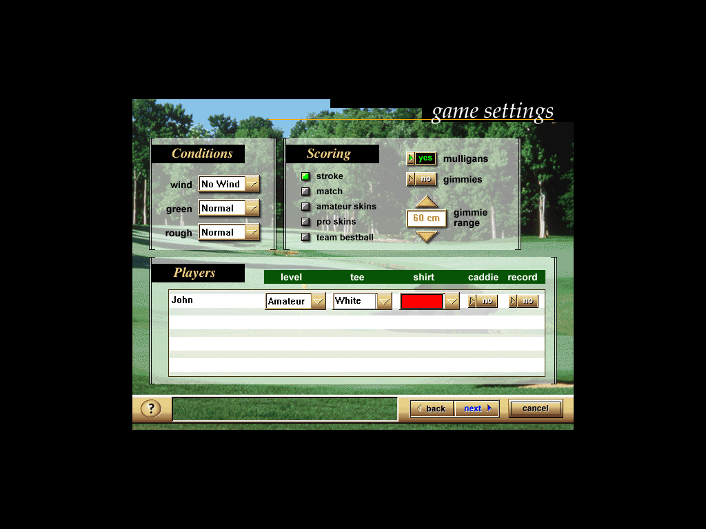 Microsoft Golf 3.0 (Windows) screenshot: Game Settings screen