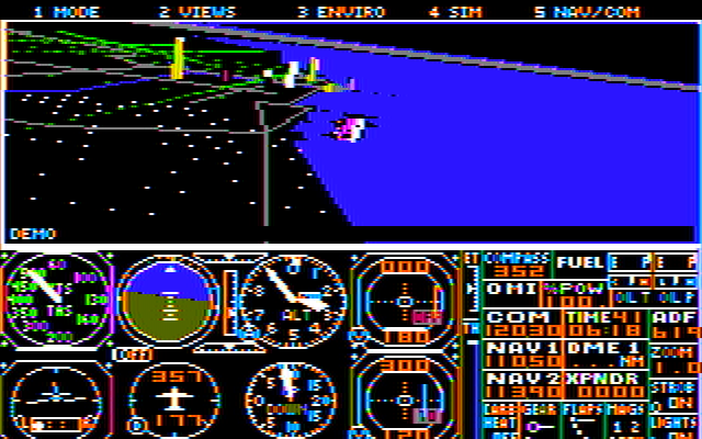 Microsoft Flight Simulator (v4.0) (DOS) screenshot: Runway ahead! (CGA, composite)