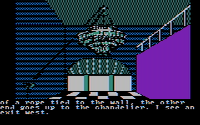 Sorcerer of Claymorgue Castle (DOS) screenshot: A chandelier... and an engineering problem. (CGA, composite)
