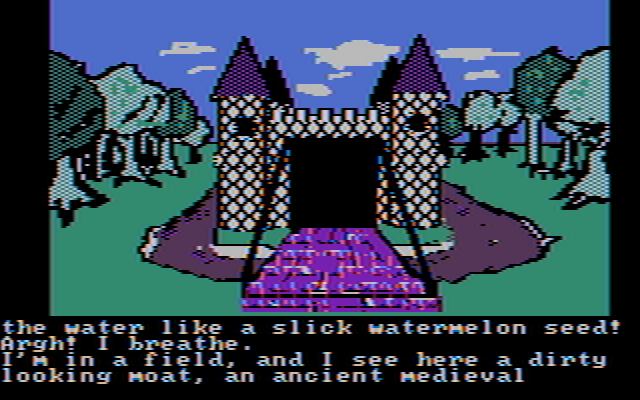 Sorcerer of Claymorgue Castle (DOS) screenshot: Moat Monster had better start sending out CVs. (CGA, composite)