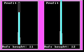 Run for the Money (DOS) screenshot: End-of-week stats: my profits are (literally) through the roof.