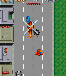 City Bomber (Arcade) screenshot: Great. Now there's a helicopter dropping mines.