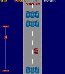 City Bomber (Arcade) screenshot: Traffic grid-lock on the bridge.