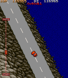 City Bomber (Arcade) screenshot: A narrow road on the side of a cliff.