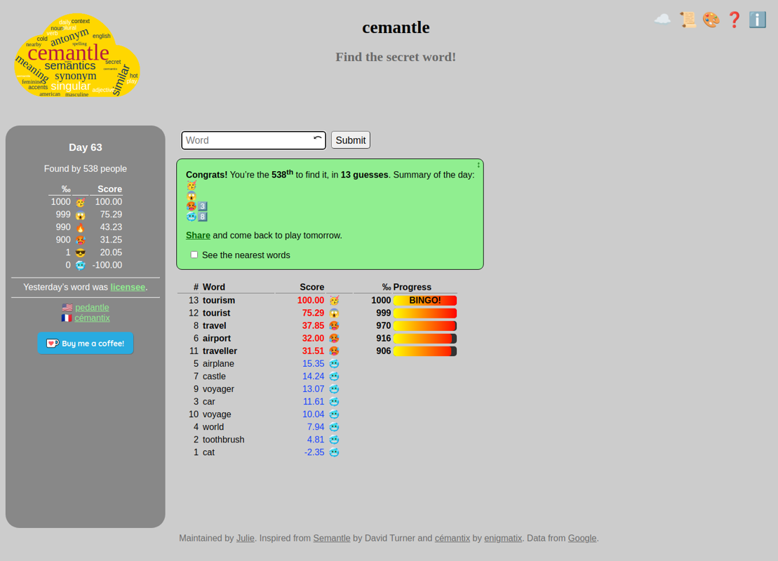 Cemantle (Browser) screenshot: Alternate color theme