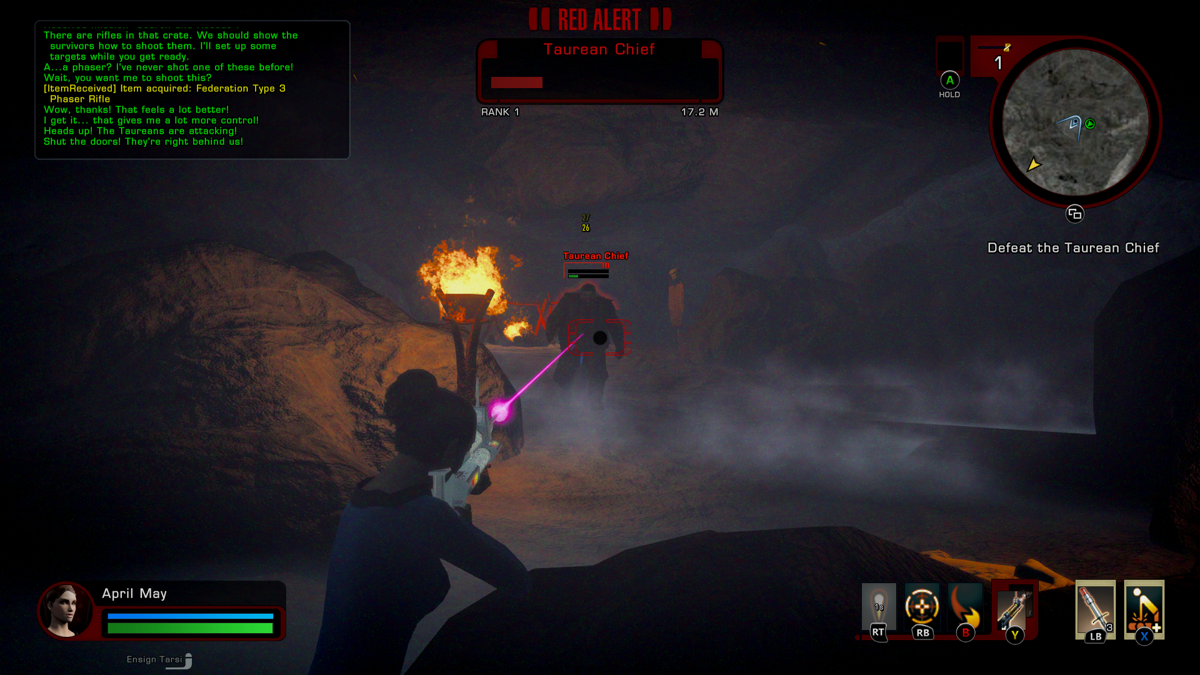 Star Trek Online (Xbox One) screenshot: Firing with my phaser rifle at the taurean chief.