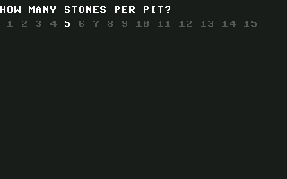 Kalah (Commodore 64) screenshot: How many stones per pit?