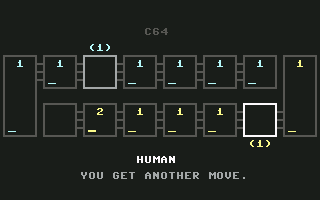 Kalah (Commodore 64) screenshot: I get a second move.