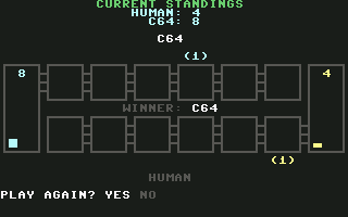 Kalah (Commodore 64) screenshot: I lost. Play again?