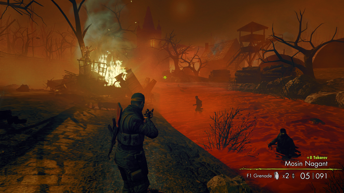 Sniper Elite: Nazi Zombie Army 2 (Windows) screenshot: You can loot fallen enemies for additional ammunition. Also seen here, the location of your current objective.