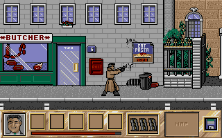 Crime Does Not Pay (Atari ST) screenshot: Giuseppe is shooting on the street