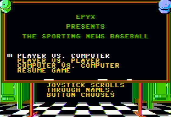 The Sporting News Baseball (Apple II) screenshot: Main menu