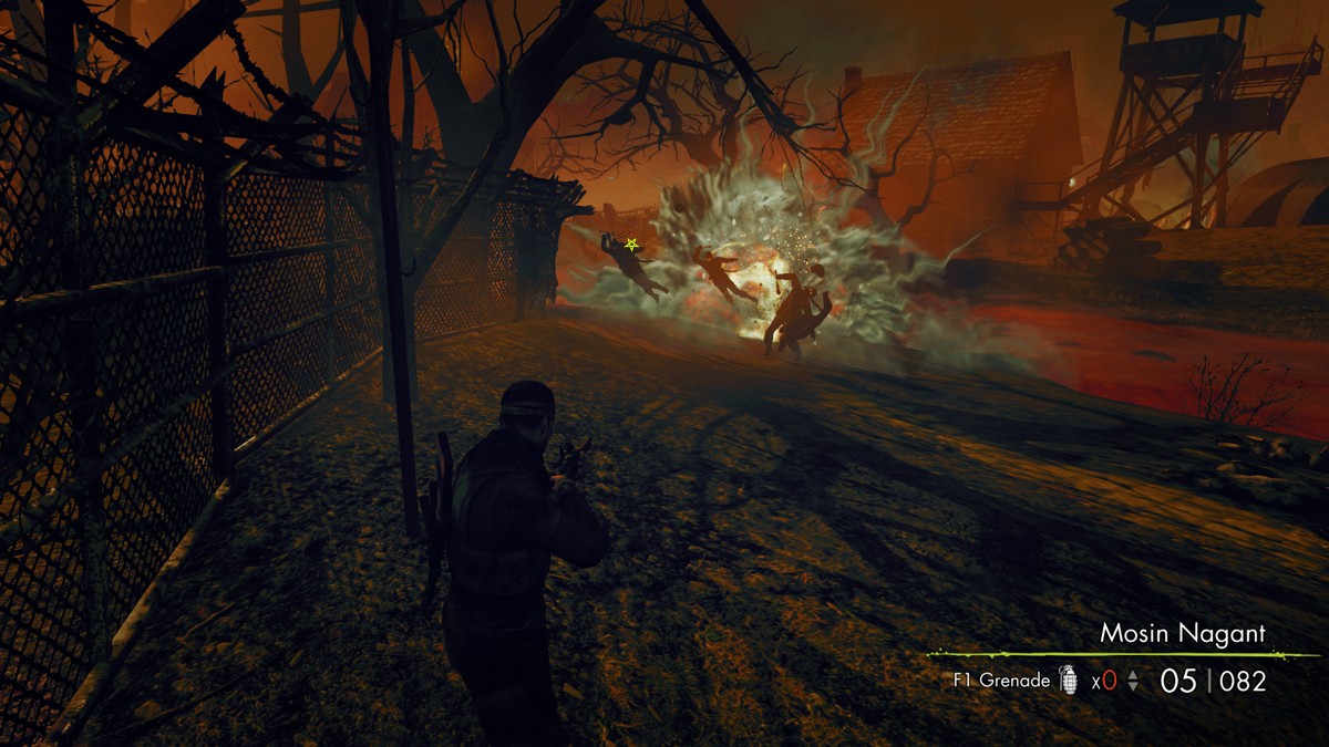 Sniper Elite: Nazi Zombie Army 2 (Windows) screenshot: Grenades work wonders at clearing up and scattering groups of zombies.
