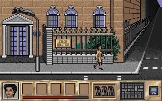 Crime Does Not Pay (Atari ST) screenshot: Sophia is walking near 'Cosa Nostra' headquarters