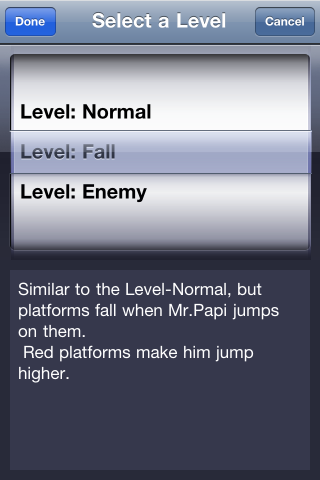 PapiJump (iPhone) screenshot: Level select screen